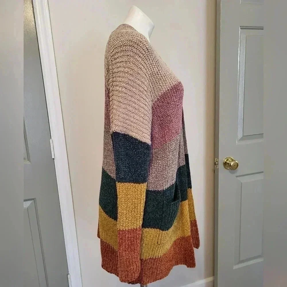 ODDY Multicolored Striped ColorBlock Open Front Sweater Cardigan(S/M)